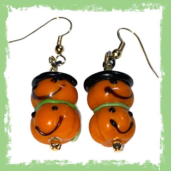 Orange Pumpkin Earrings Lampworked Glass Dangle Halloween - Picture 4 of 4